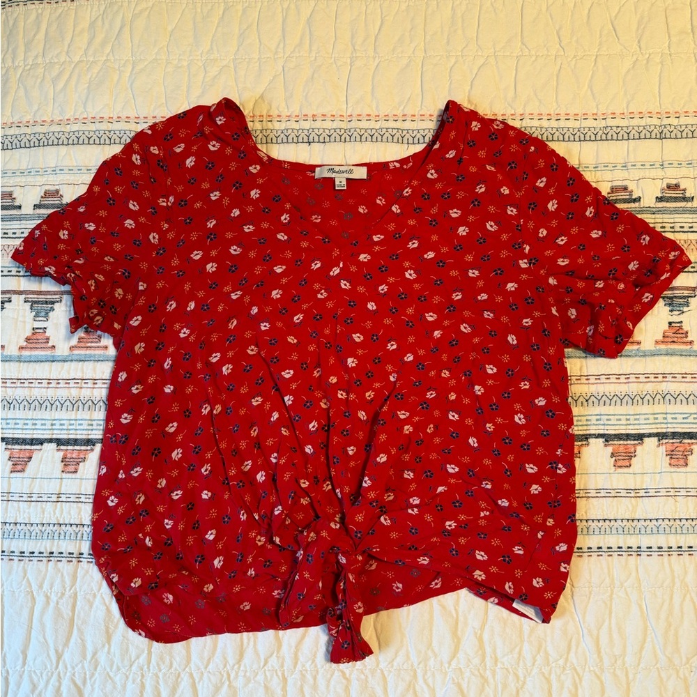 Madewell Red Floral Tie-Front Short Sleeve Top